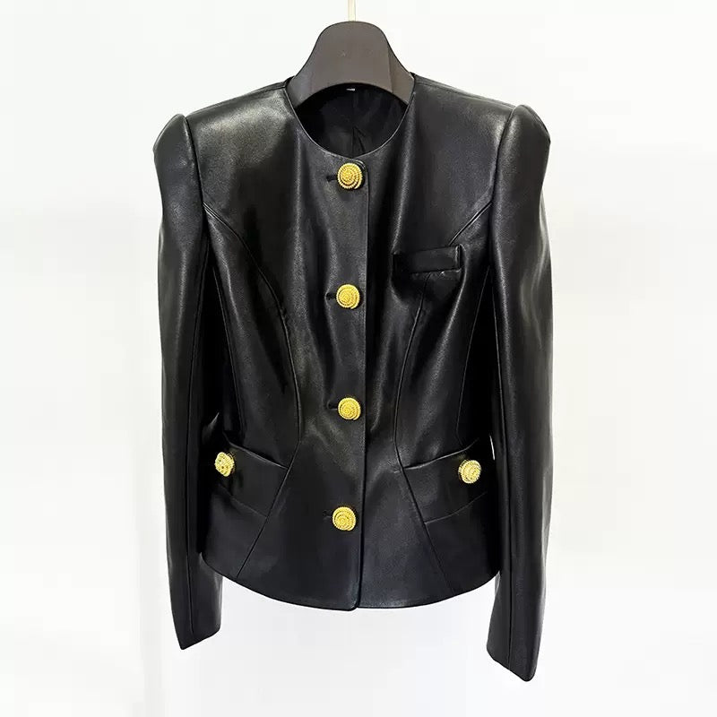 Black Leather Peplum Gold Button Blazer