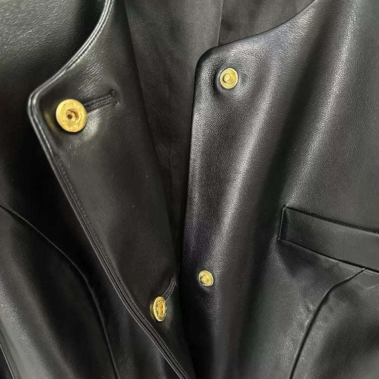 Black Leather Peplum Gold Button Blazer