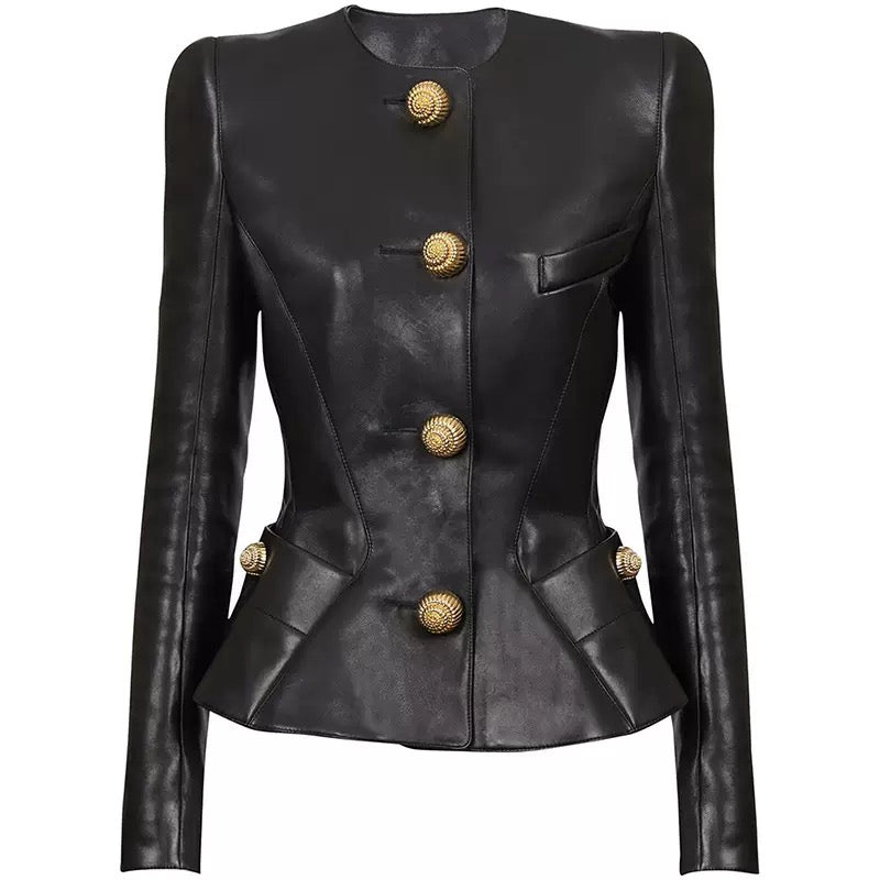 Black Leather Peplum Gold Button Blazer