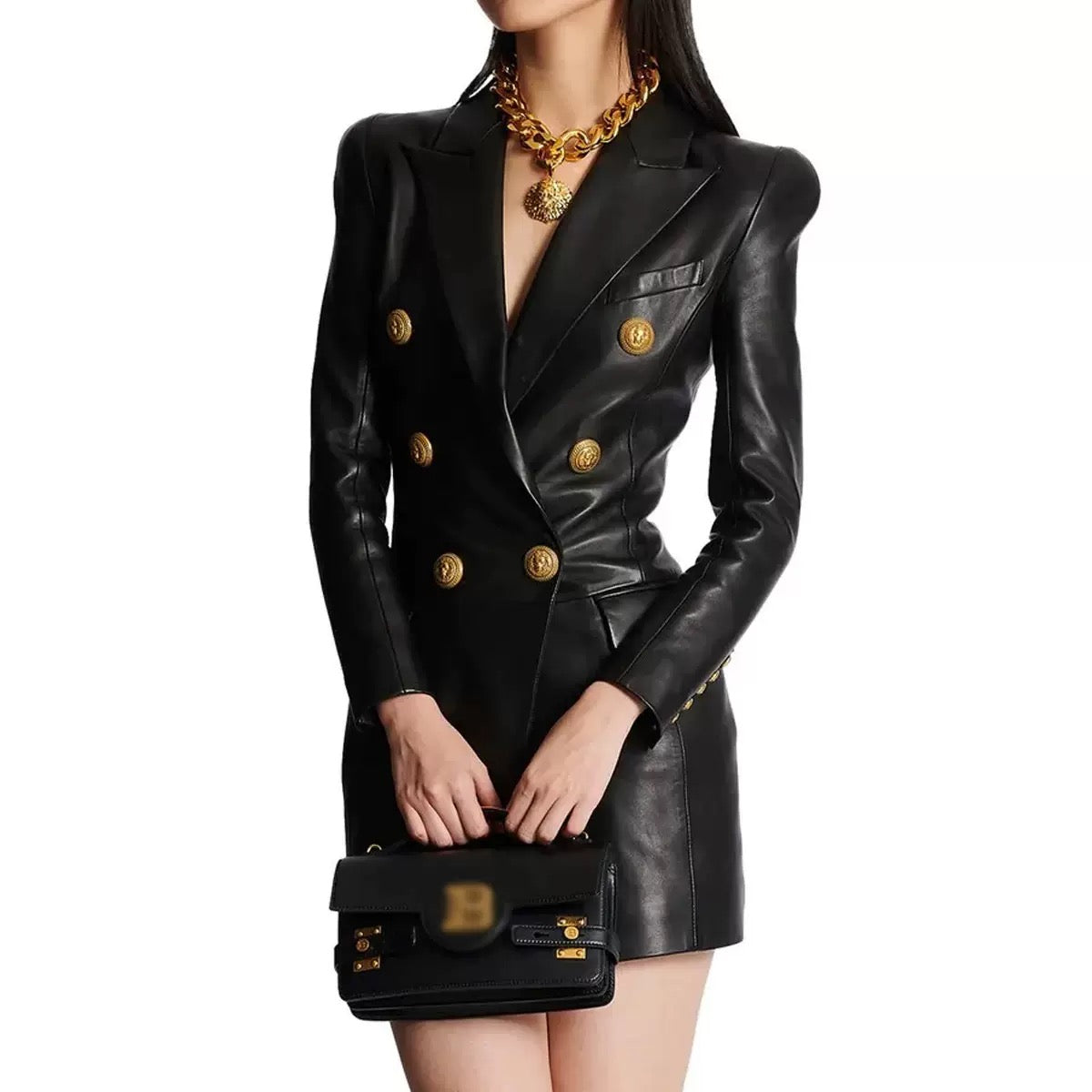 Black Leather Gold Button Blazer Dress