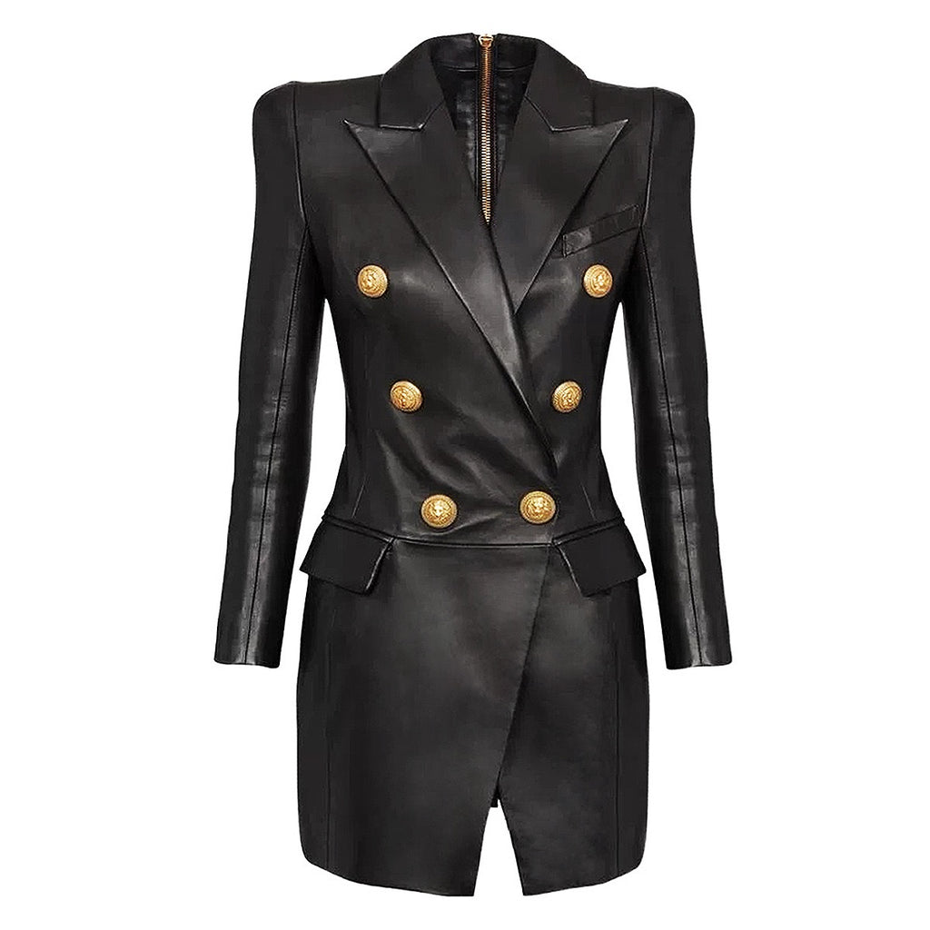 Black Leather Gold Button Blazer Dress