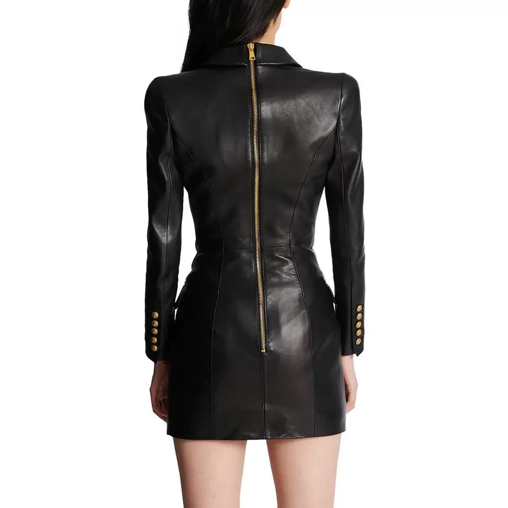 Black Leather Gold Button Blazer Dress