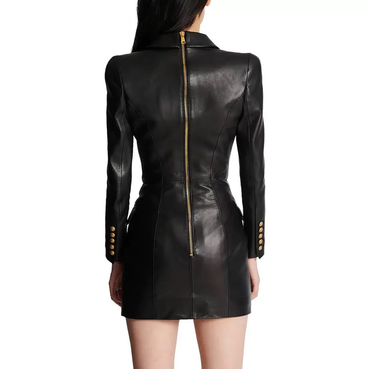 Black Leather Gold Button Blazer Dress