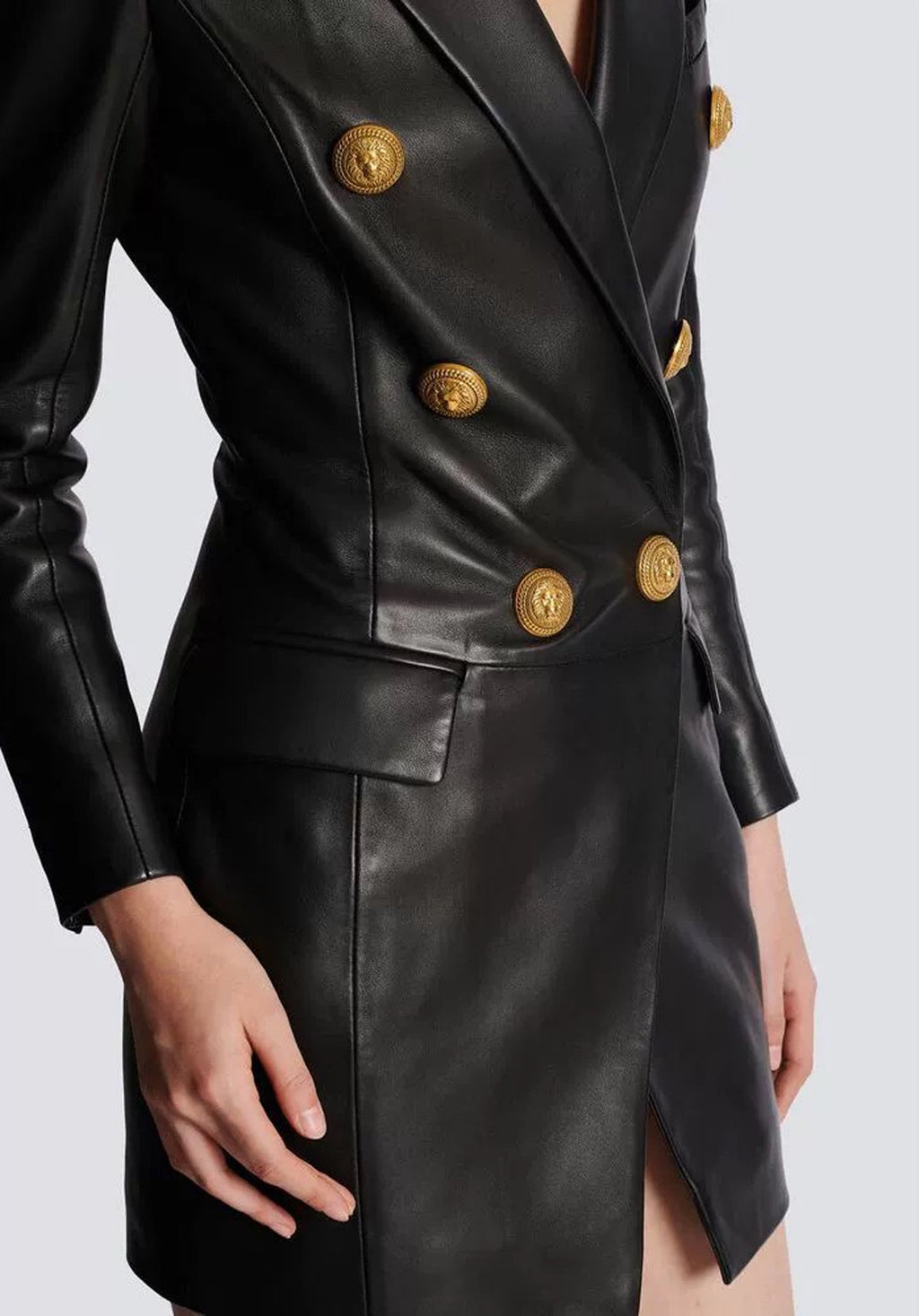 Black Leather Gold Button Blazer Dress