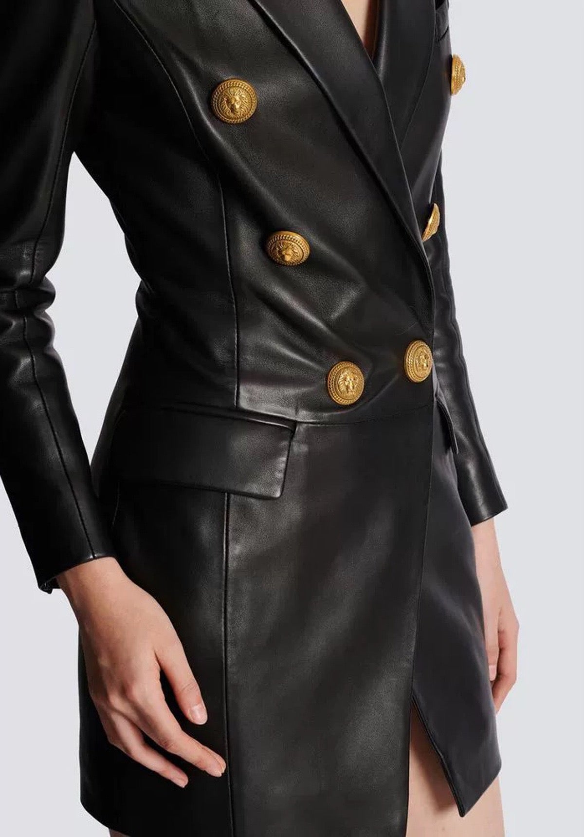 Black Leather Gold Button Blazer Dress