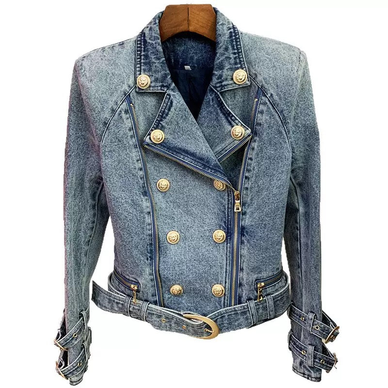 Denim Gold Button Biker Jacket