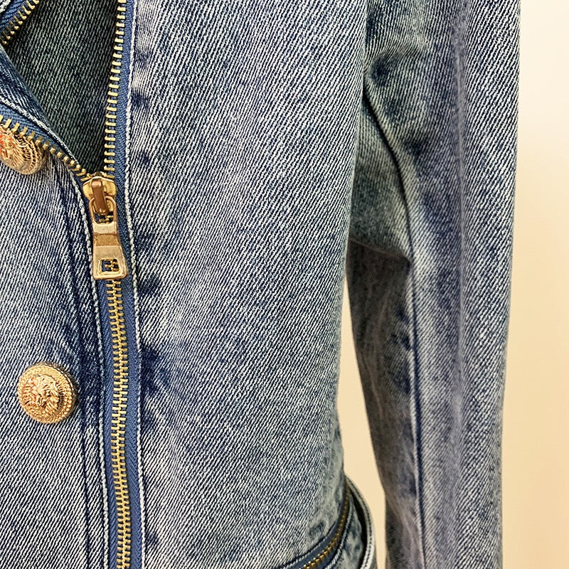 Denim Gold Button Biker Jacket
