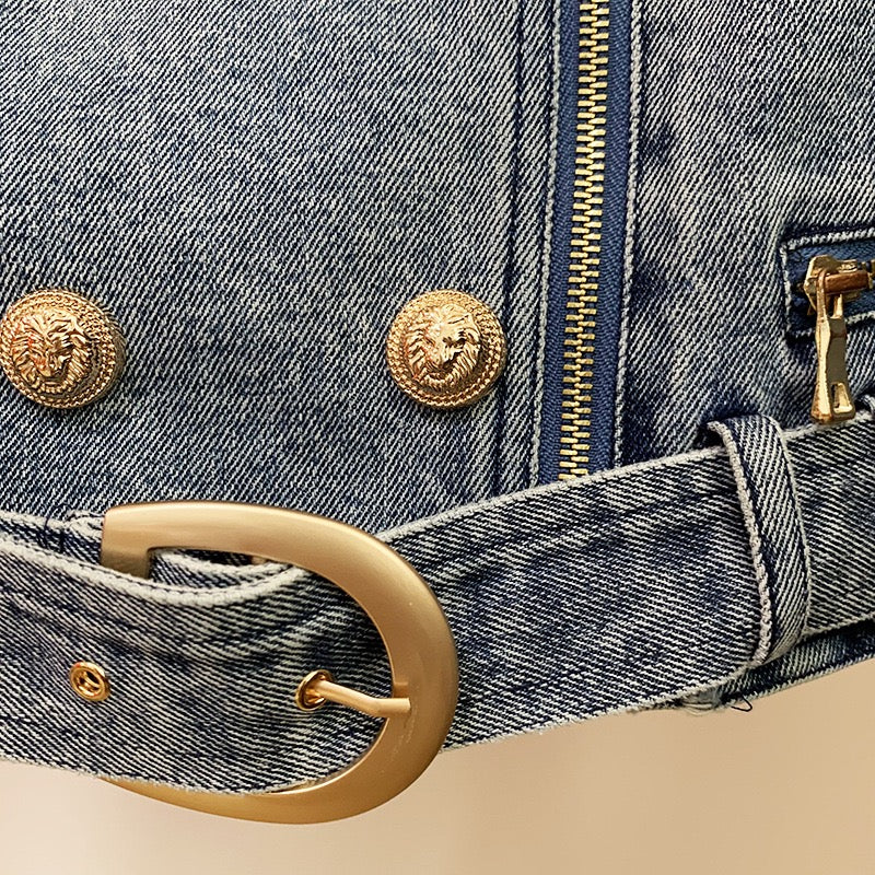 Denim Gold Button Biker Jacket