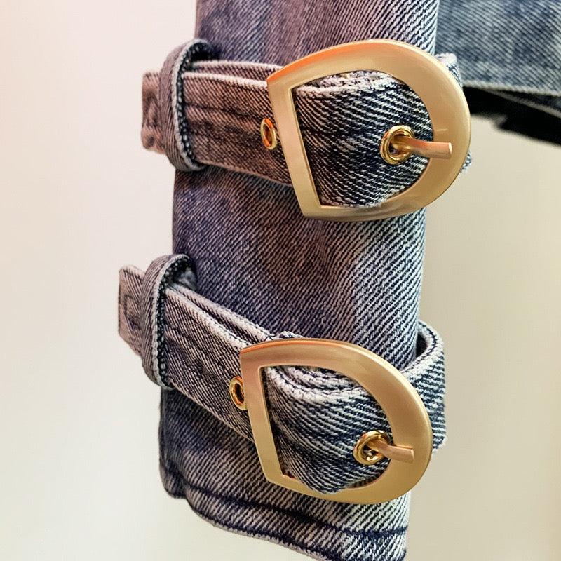 Denim Gold Button Biker Jacket