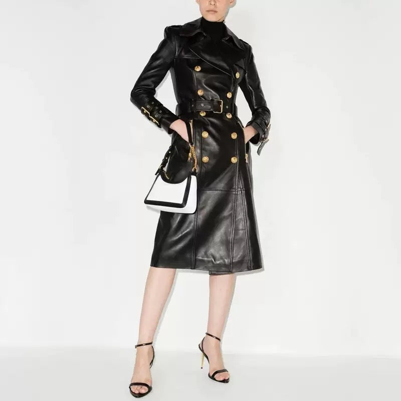 Black Leather Gold Button Trench Coat