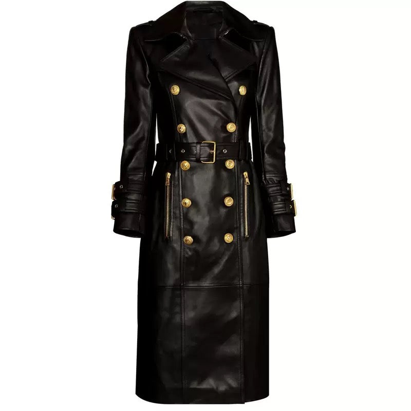 Black Leather Gold Button Trench Coat
