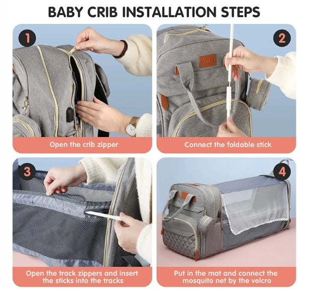Waterproof Diaper Bag Backpack with Foldable Baby Bed