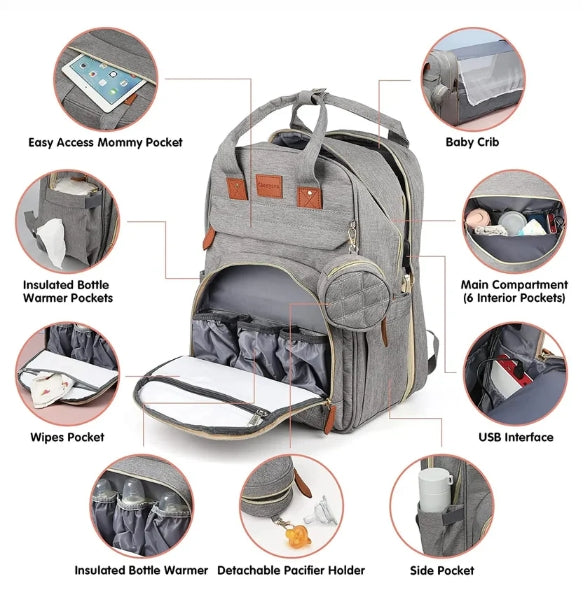 Waterproof Diaper Bag Backpack with Foldable Baby Bed