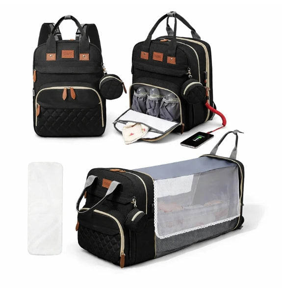 Waterproof Diaper Bag Backpack with Foldable Baby Bed
