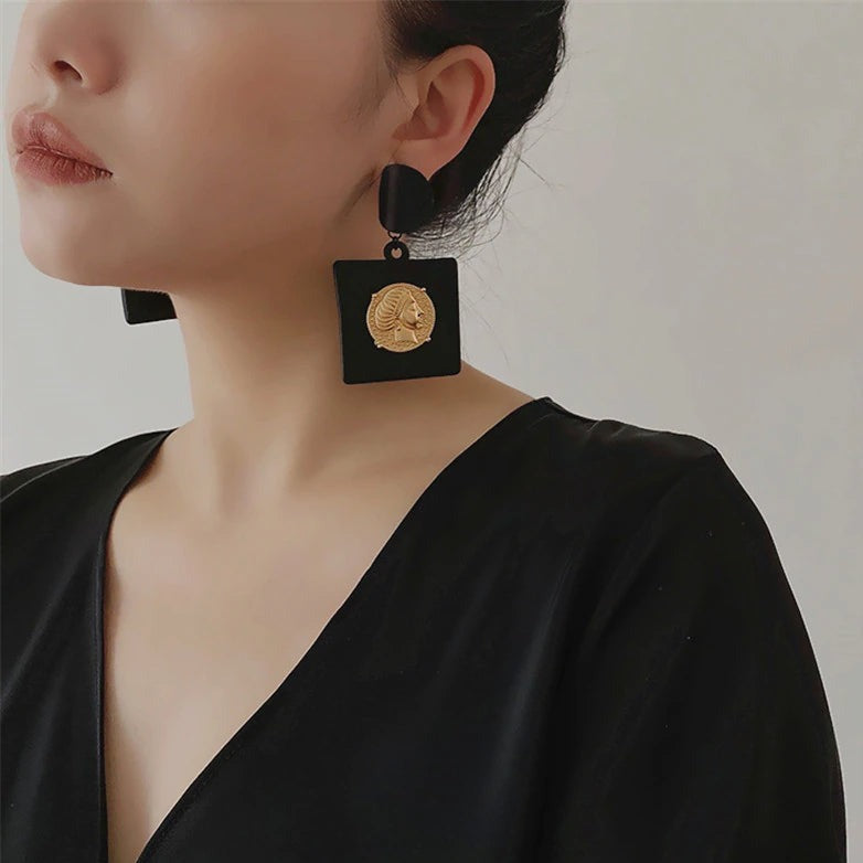 Black & Gold Square Vintage Drop Earrings