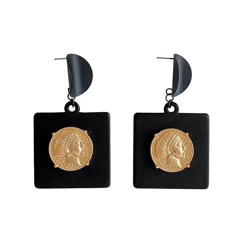 Black & Gold Square Vintage Drop Earrings