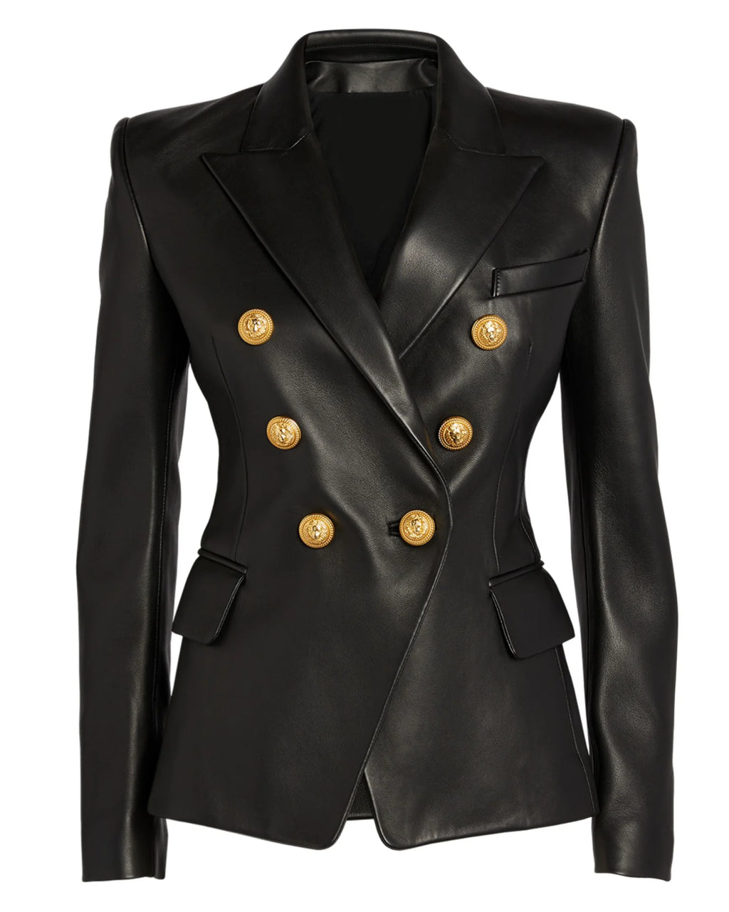Black Leather Double Breasted Gold Button Blazer