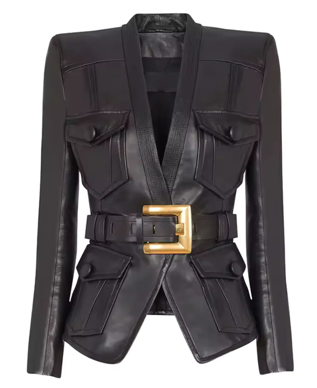 Black Leather Gold Buckle Belted Blazer